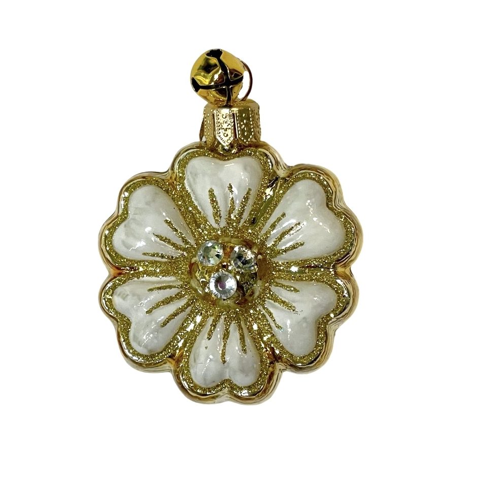 Hand Painted Glass Gold Glitter Trimmed White Jeweled Flower Ornament Decoration