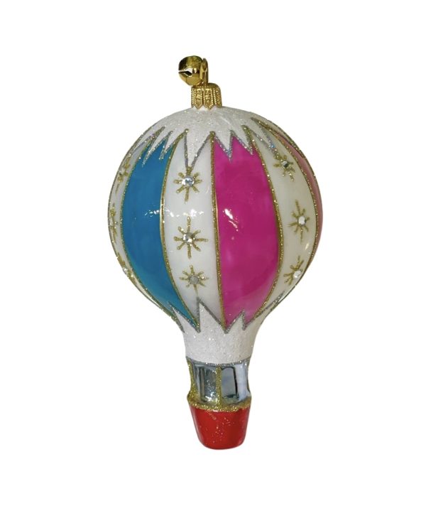 Glass Holiday Red, White, Pink and Blue Stripe Hand Painted Glitter Snowflake Hot Air Balloon Christmas Tree Ornament Decoration