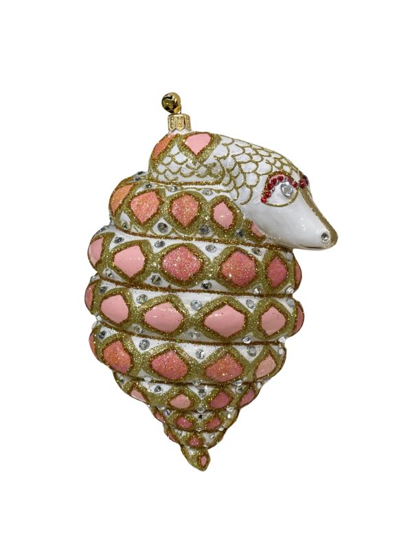 WHIMSICAL HAND PAINTED GLASS WHITE, PINK AND PEACH JEWELED HOLIDAY SERPENT SNAKE ORNAMENT