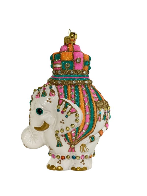 HAND PAINTED WHIMSICAL GLASS COLORFUL DECORATED ELEPHANT ANIMAL ORNAMENT BY JINGLENOG