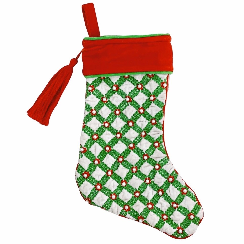 Hand Made India Hand Embroidered White and Green Holiday Floral Patterned Christmas Stocking Holiday Home Decoration