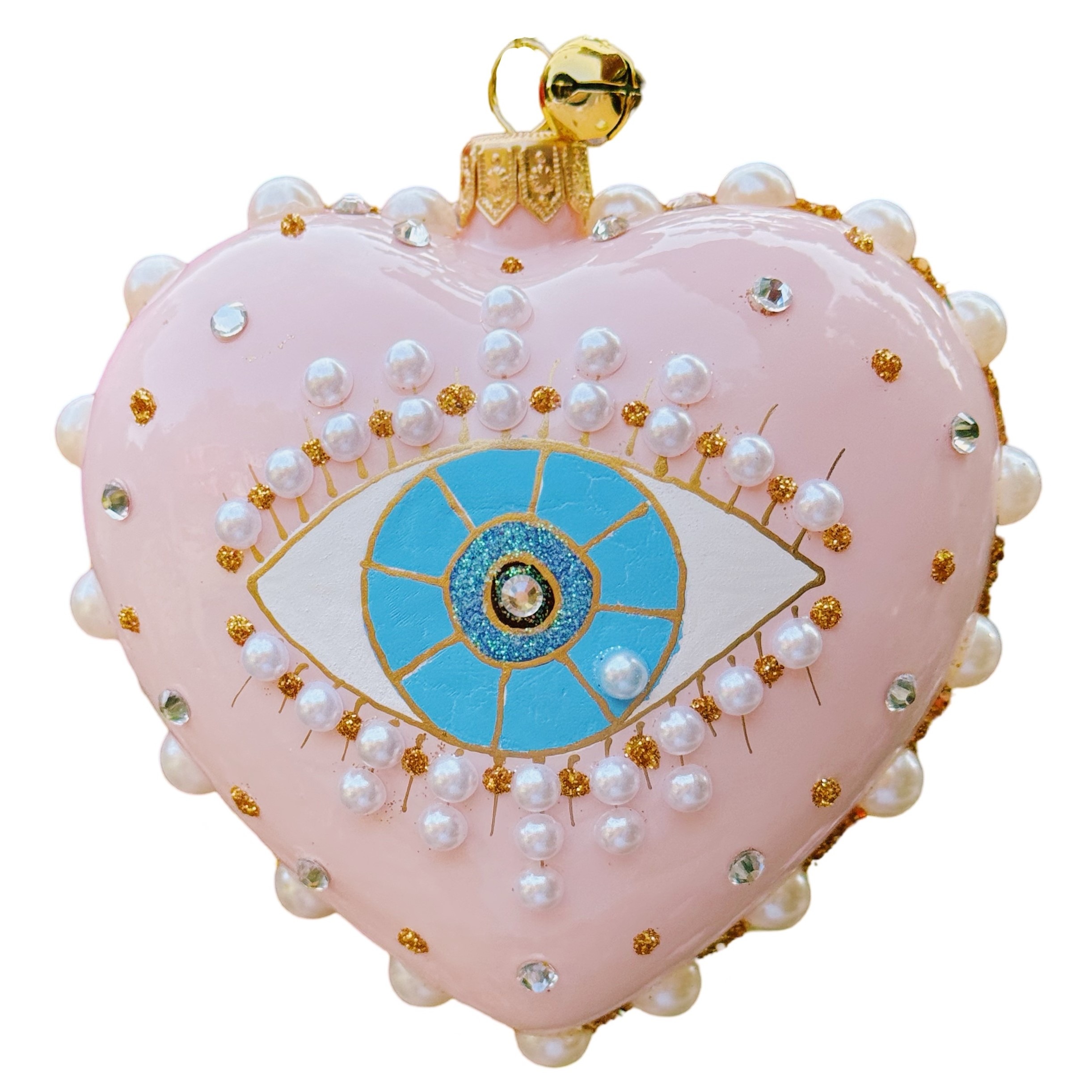 Hand Painted Glass Whimsical Pink Jeweled Greek Protective Evil Eye Heart Christmas Tree Ornament Decoration