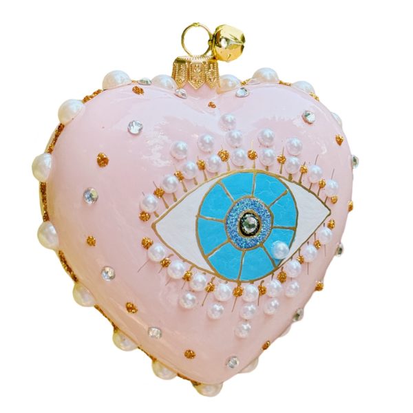 Hand Painted Glass Whimsical Pink Jeweled Greek Protective Evil Eye Heart Christmas Tree Ornament Decoration