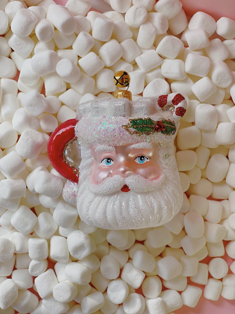 Hand Painted Blown Glass Hot Cocoa Santa Head Mug Christmas Tree Ornament Decoration