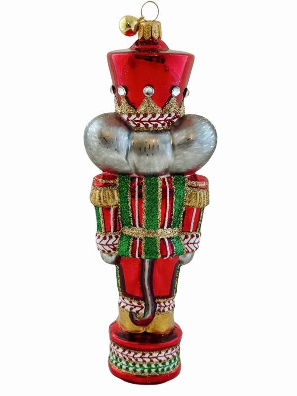 Unique Whimsical Mouth Blown Glass Red and Green Glitter Nutcracker Mouse Christmas Tree Ornament Decoration