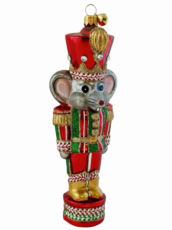 Unique Whimsical Mouth Blown Glass Red and Green Glitter Nutcracker Mouse Christmas Tree Ornament Decoration