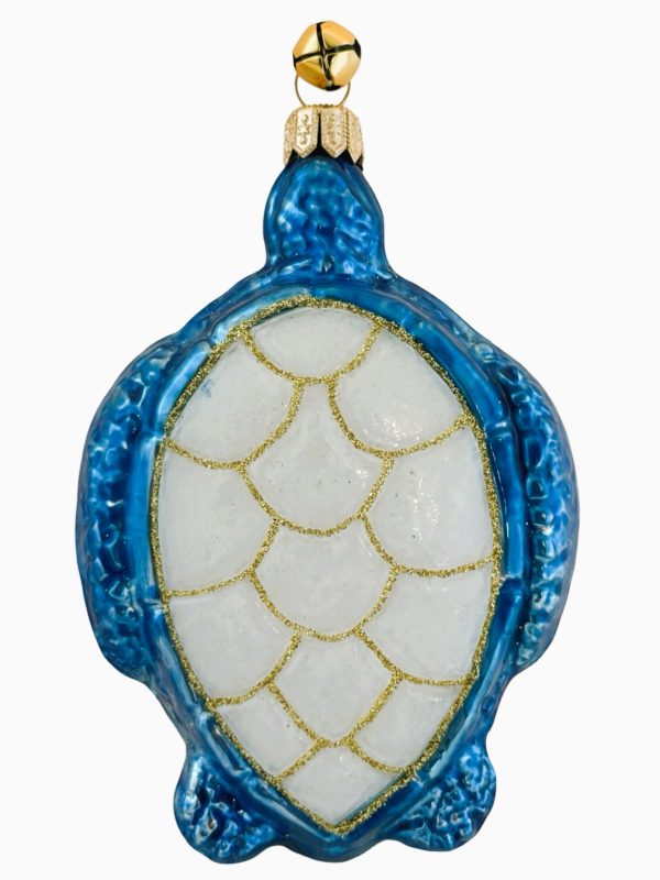 Hand Painted Blown Glass Blue, White and Gold Jeweled Sea Turtle Christmas Tree Ornament