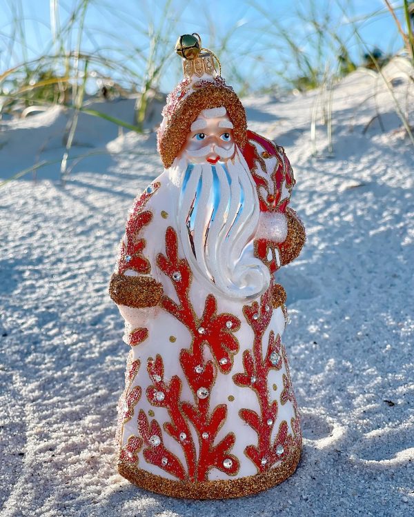GLASS CORAL COASTAL CHRISTMAS SANTA CLAUS ORNAMENT