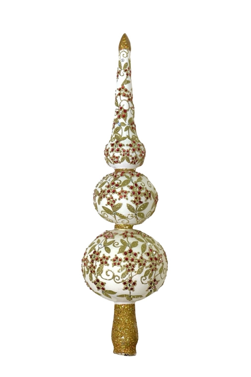 Hand Painted Blown Glass Red Holiday Floral Patterned Christmas Tree Topper Finial Decoration