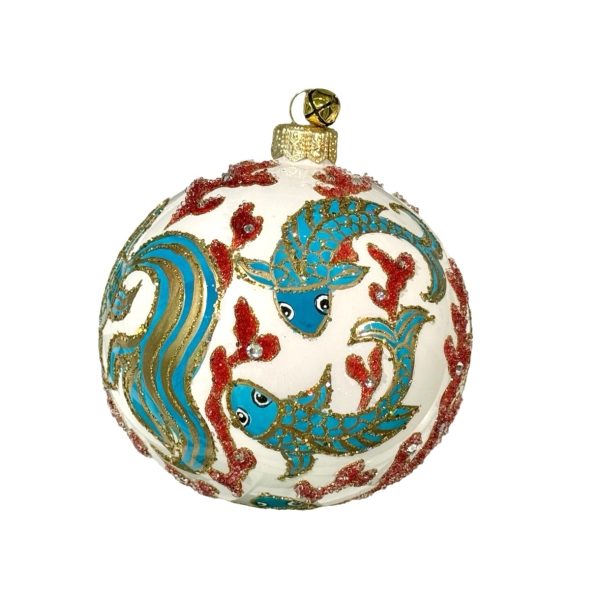 Unique White Glass Coral and Koi Fish Ball Christmas Tree Ornament Coastal Holiday Decoration