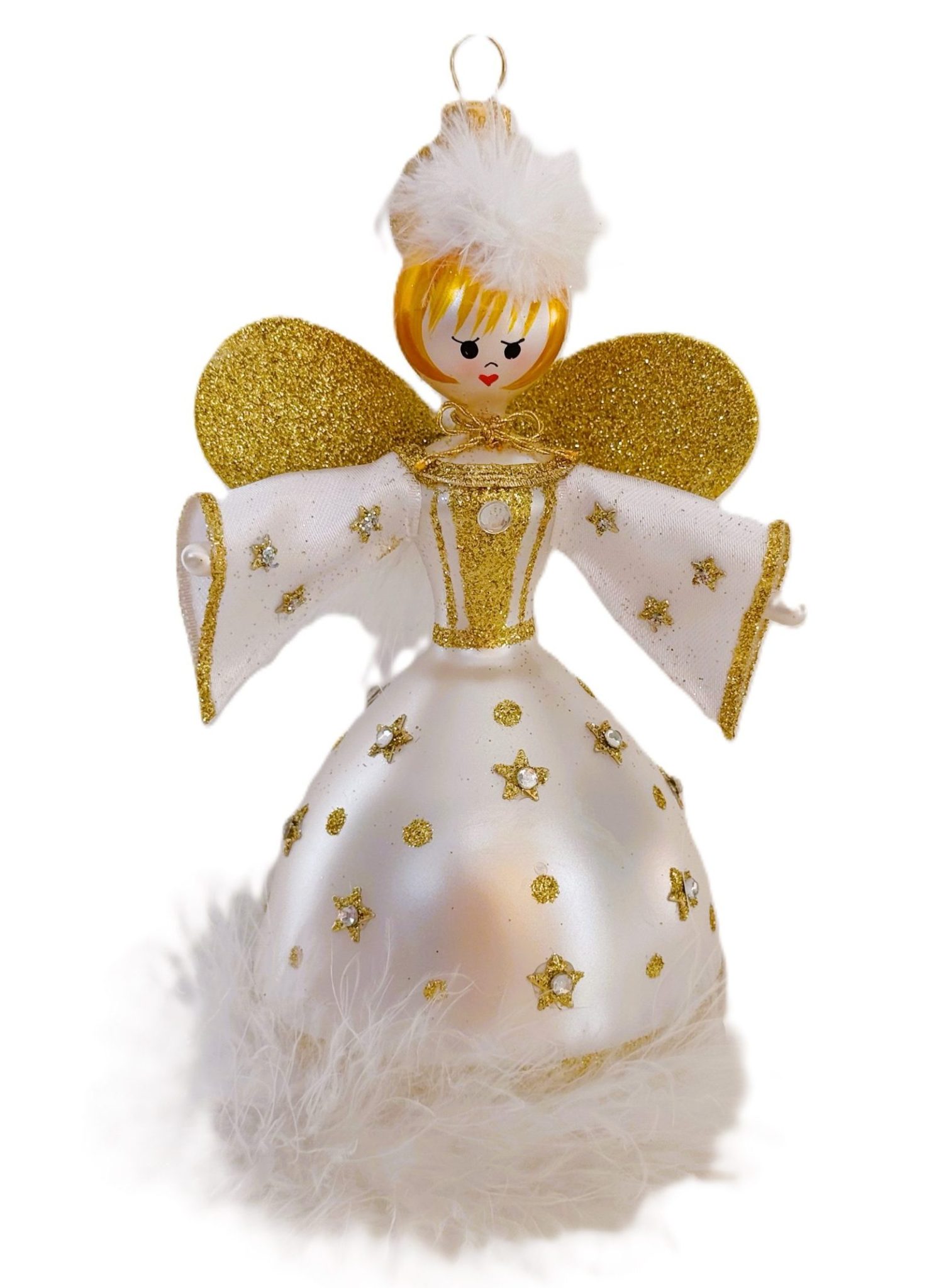 Hand Painted Free Blown Italian Glass White and Gold Angel Figurine Christmas Tree Ornament Decoration
