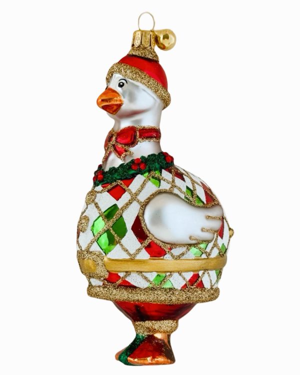 HAND PAINTED POLISH GLASS HOLIDAY GOOSE CHRISTMAS ORNAMENT WEARING A SANTA HAT, ARGYLE SWEATER AND CHRISTMAS WREATH