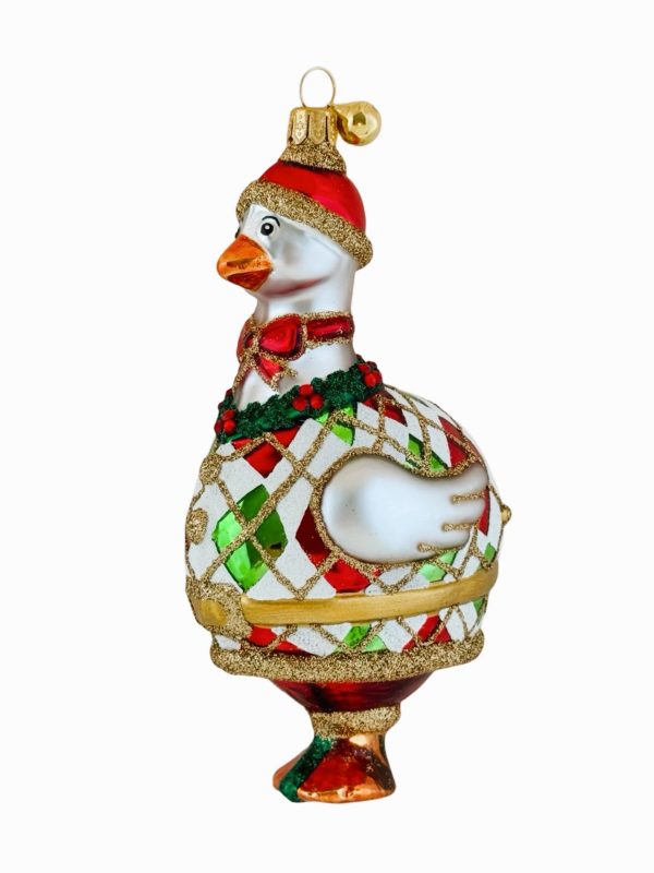 HAND PAINTED POLISH GLASS HOLIDAY GOOSE CHRISTMAS ORNAMENT WEARING A SANTA HAT, ARGYLE SWEATER AND CHRISTMAS WREATH