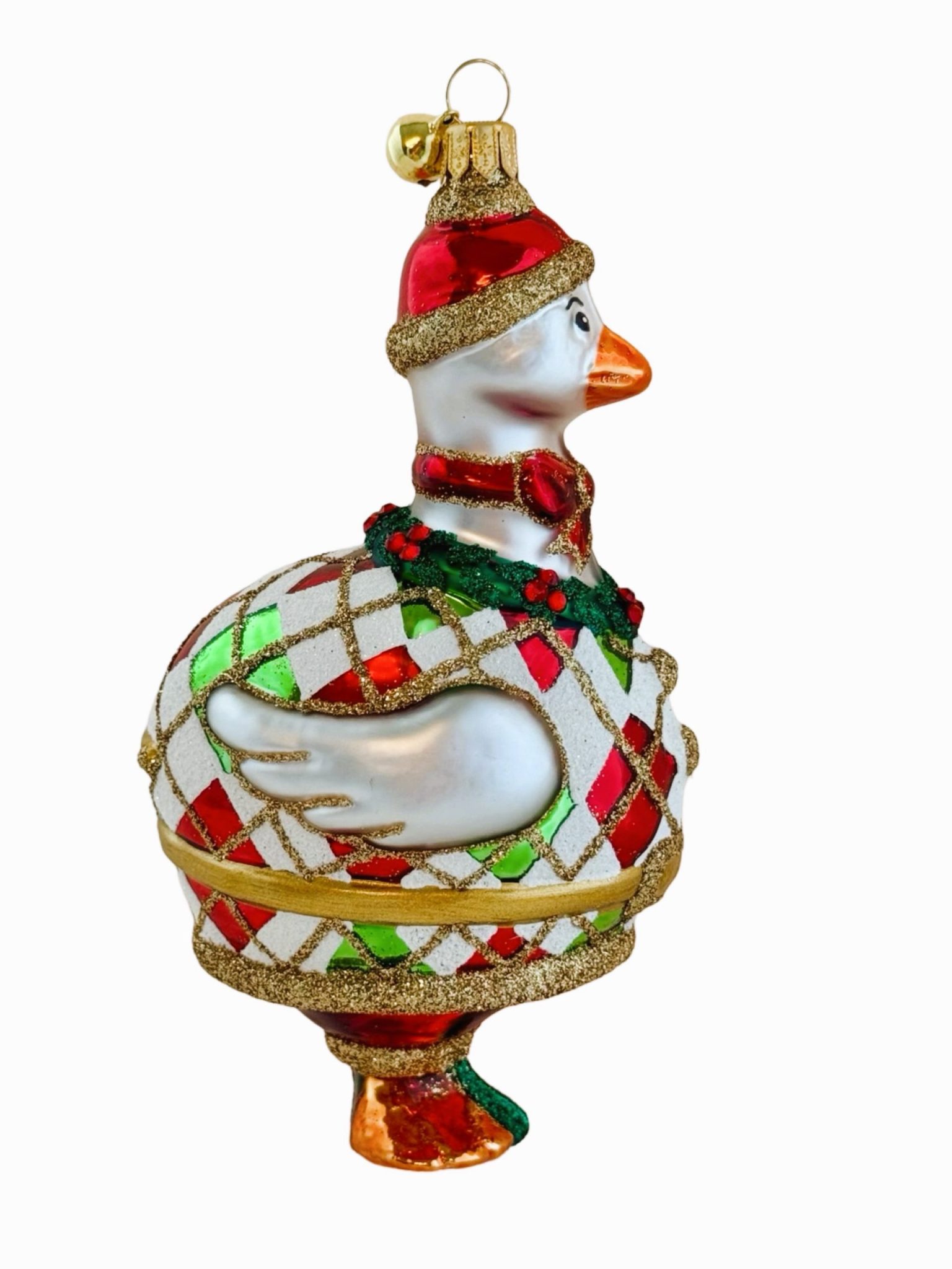 HAND PAINTED POLISH GLASS HOLIDAY GOOSE CHRISTMAS ORNAMENT WEARING A SANTA HAT, ARGYLE SWEATER AND CHRISTMAS WREATH