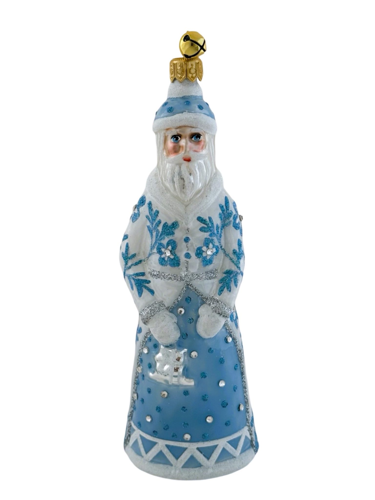 Hand Painted Blown Glass Blue and White Patterned Coat Santa Claus Christmas Tree Ornament Decoration