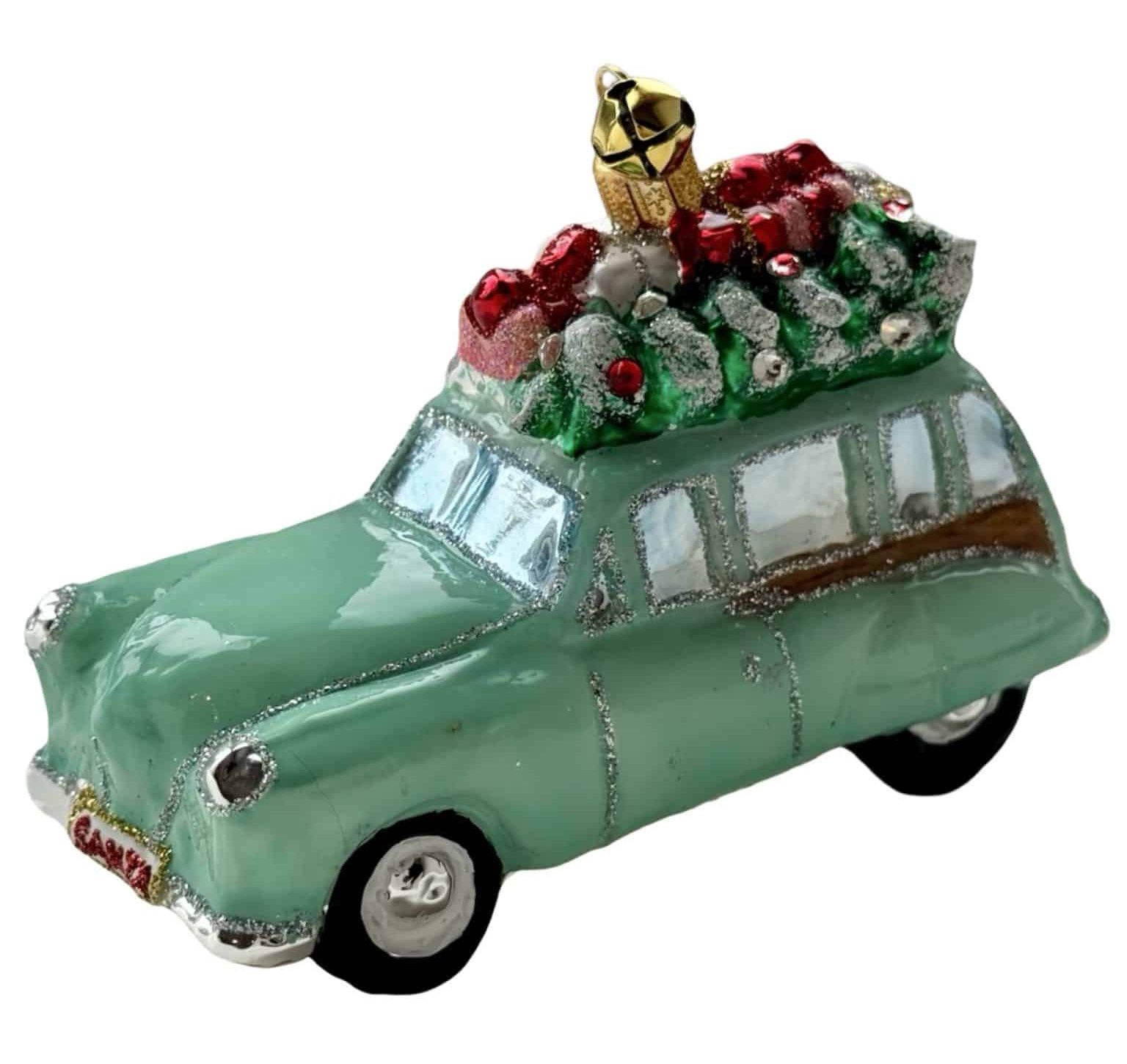 Hand-painted Polish glass vintage car ornament with Christmas tree and gifts on roof by JingleNog