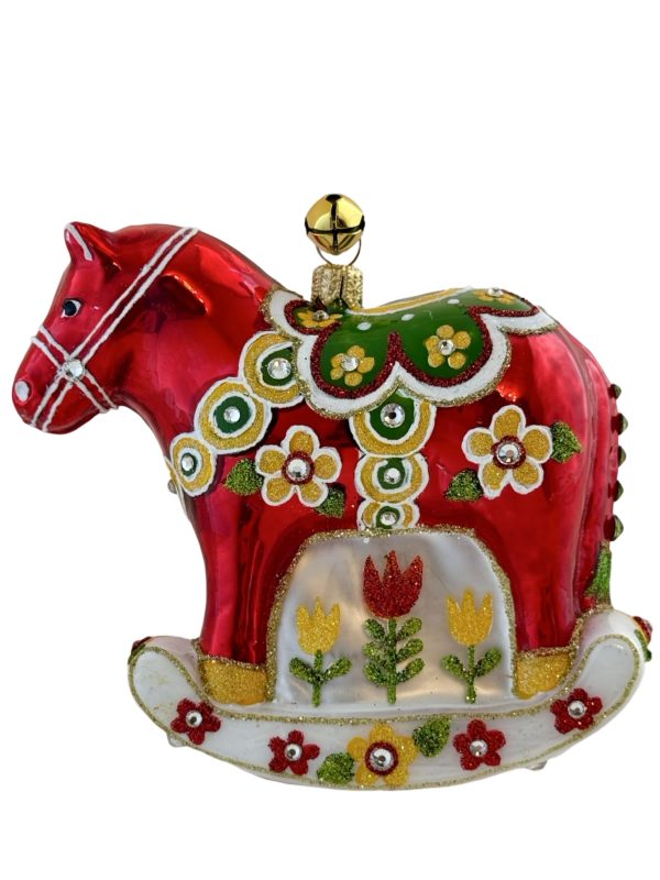 Unique Hand Painted Glass Swedish Dala Folk Art Rocking Horse Christmas Tree Ornament Decoration