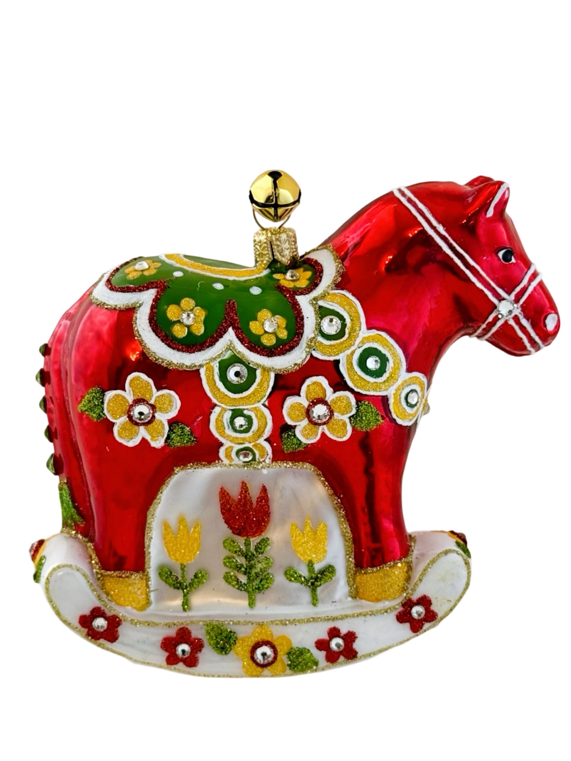 Unique Hand Painted Glass Swedish Dala Folk Art Rocking Horse Christmas Tree Ornament Decoration