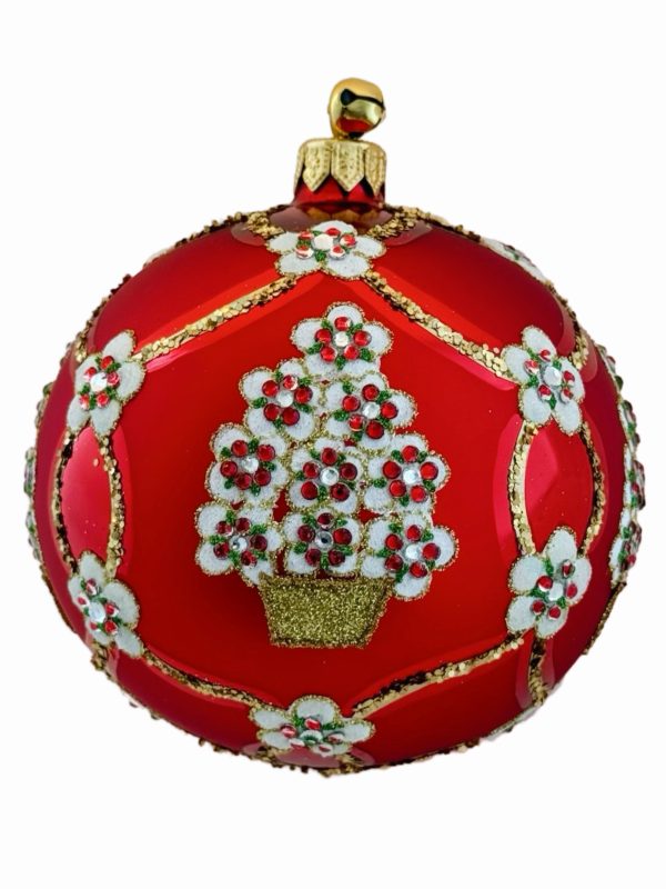 Hand Painted Polish Glass Red Floral Jeweled Holiday Topiary Tree Ball Christmas Tree Ornament Decoration