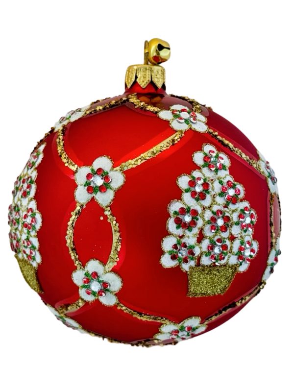 Hand Painted Polish Glass Red Floral Jeweled Holiday Topiary Tree Ball Christmas Tree Ornament Decoration