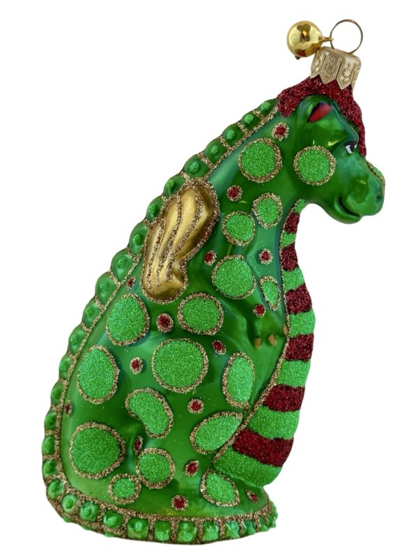 Hand Painted Blown Glass Green Glitter Dinosaur Dragon Christmas Tree Ornament Decoration