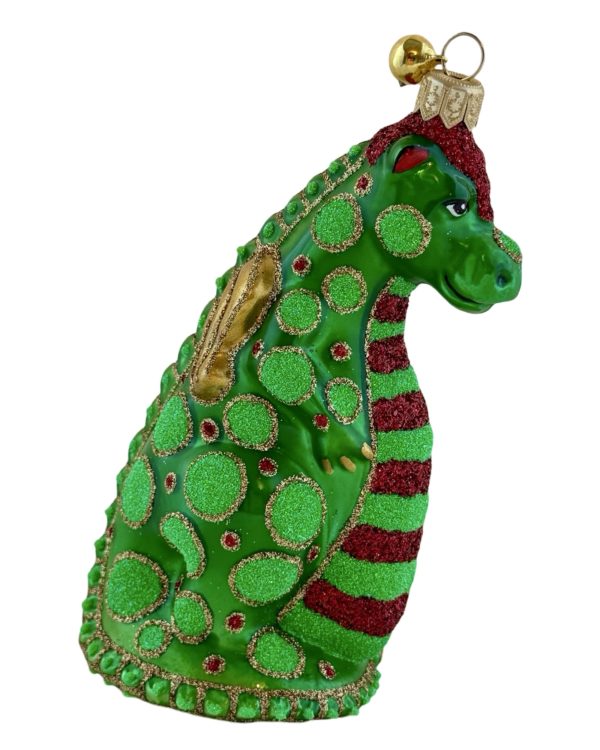 Hand Painted Blown Glass Green Glitter Dinosaur Dragon Christmas Tree Ornament Decoration