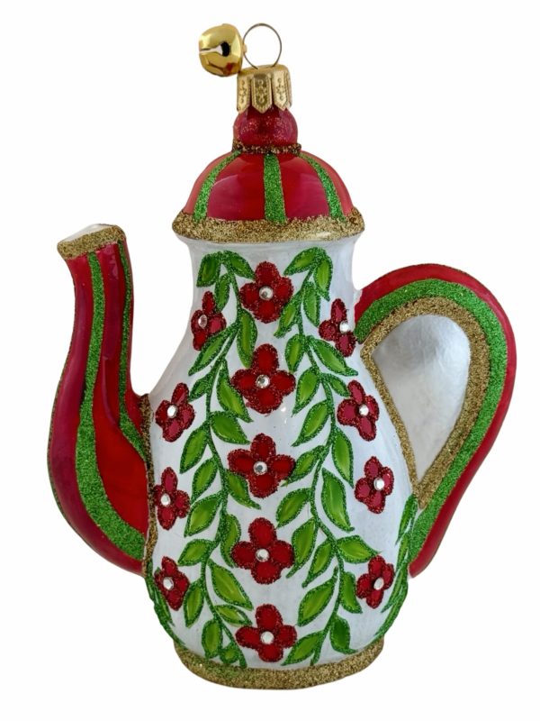 Hand Painted Blown Glass Red and Green Floral Patterned Teapot Christmas Tree Ornament Decoration