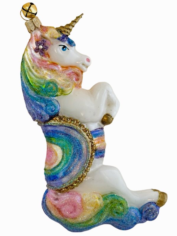 Hand Painted Blown Glass Whimsical Rainbow Unicorn Christmas Tree Ornament Decoration