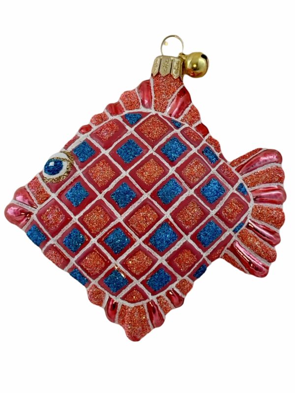 Hand Painted Blown Glass Pink, Peach and Blue Glitter Fish Christmas Tree Ornament Decoration