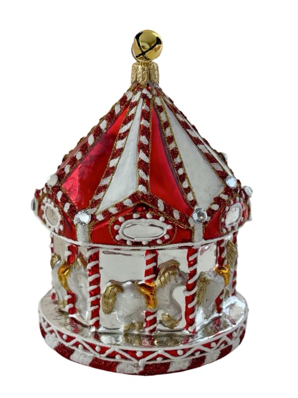 Unique Whimsical Glass Hand Painted Peppermint Holiday Carousel Christmas Tree Ornament Decoration