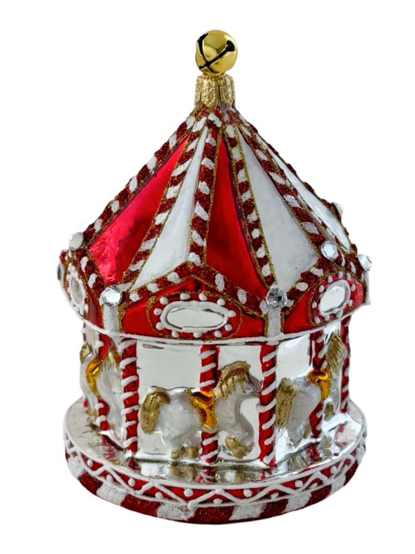 Unique Whimsical Glass Hand Painted Peppermint Holiday Carousel Christmas Tree Ornament Decoration