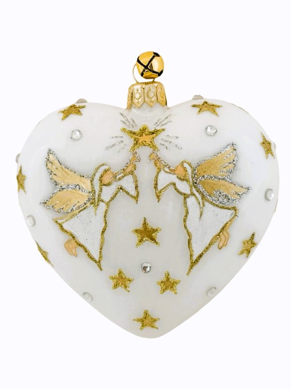 Hand Painted Blown Glass Gold, White and Silver Angel Heart Christmas Tree Ornament Decoration