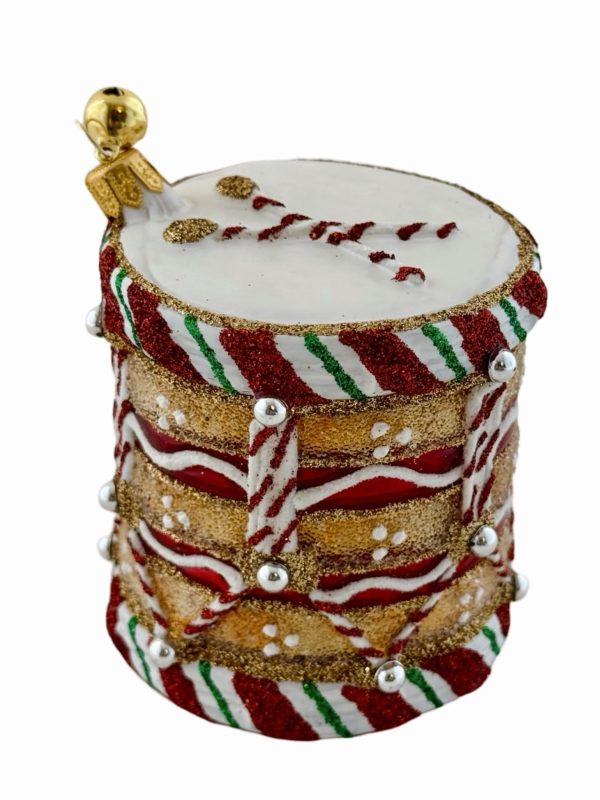 Hand Painted Blown Glass Holiday Gingerbread Drum Christmas Tree Ornament Decoration