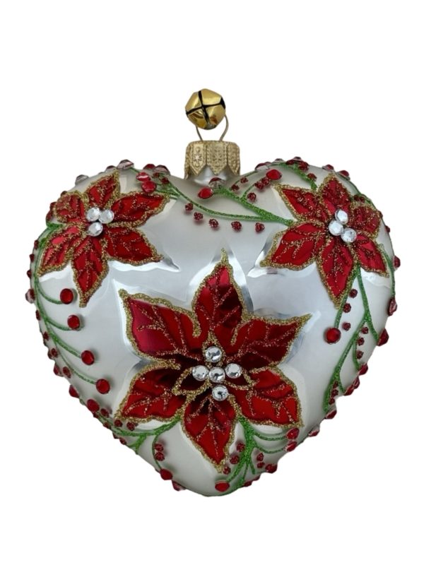 Hand Painted Blown Glass Red Holiday Poinsettia Heart Christmas Tree Ornament Decoration