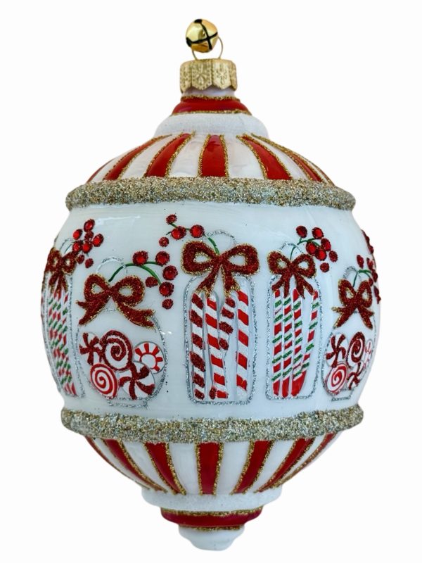 Hand Painted Blown Glass Holiday Peppermint Candy Jar Christmas Tree Ornament Decoration