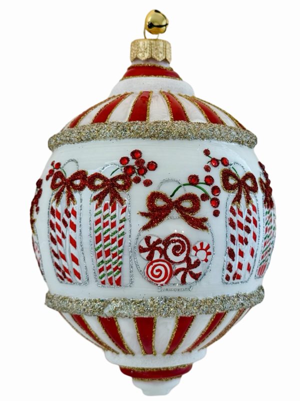 Hand Painted Blown Glass Holiday Peppermint Candy Jar Christmas Tree Ornament Decoration