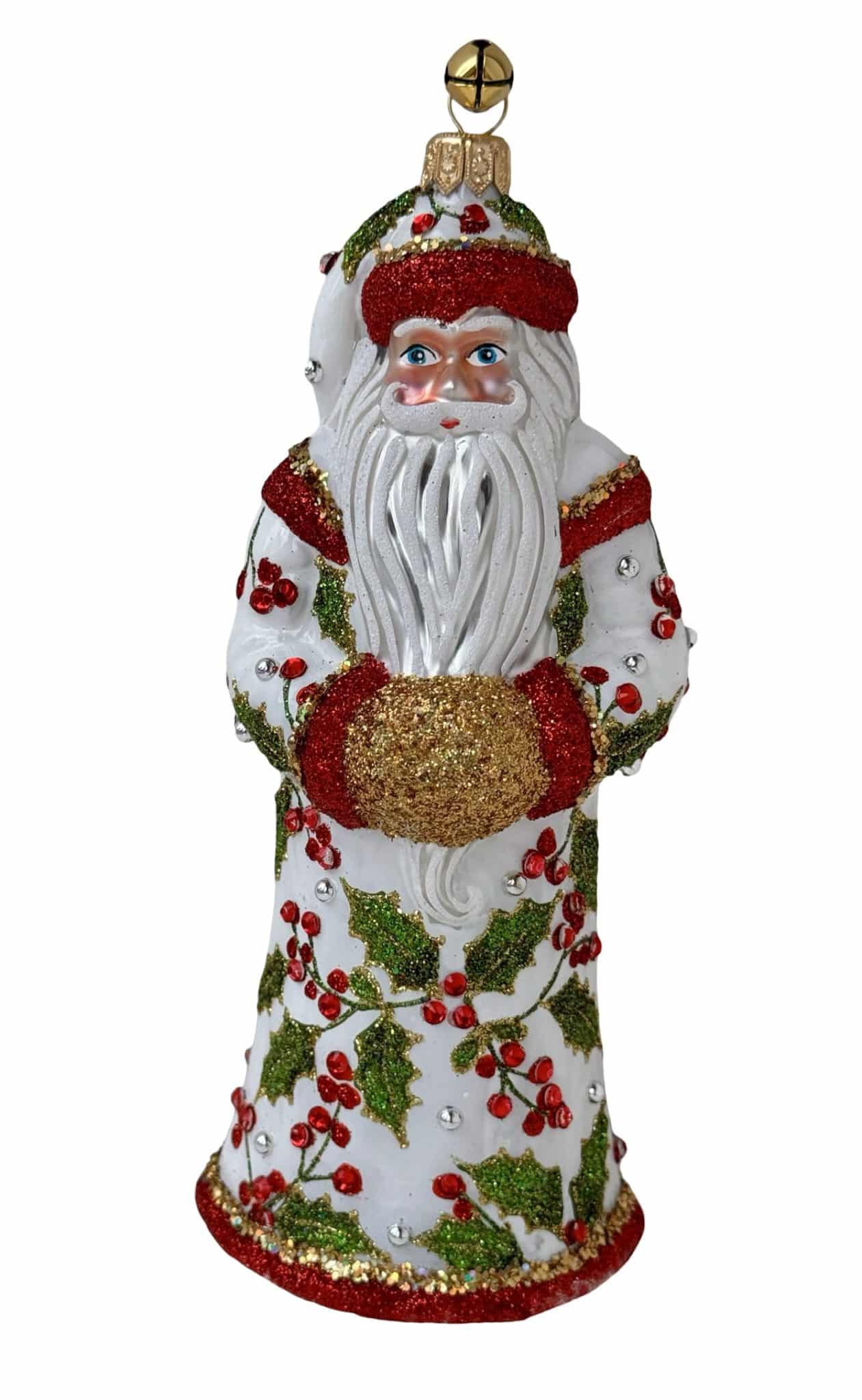 Limited Edition Hand Painted Blown Glass Collectible Keepsake Holiday Holly Berry Patterned Santa Claus Christmas Tree Ornament Decoration