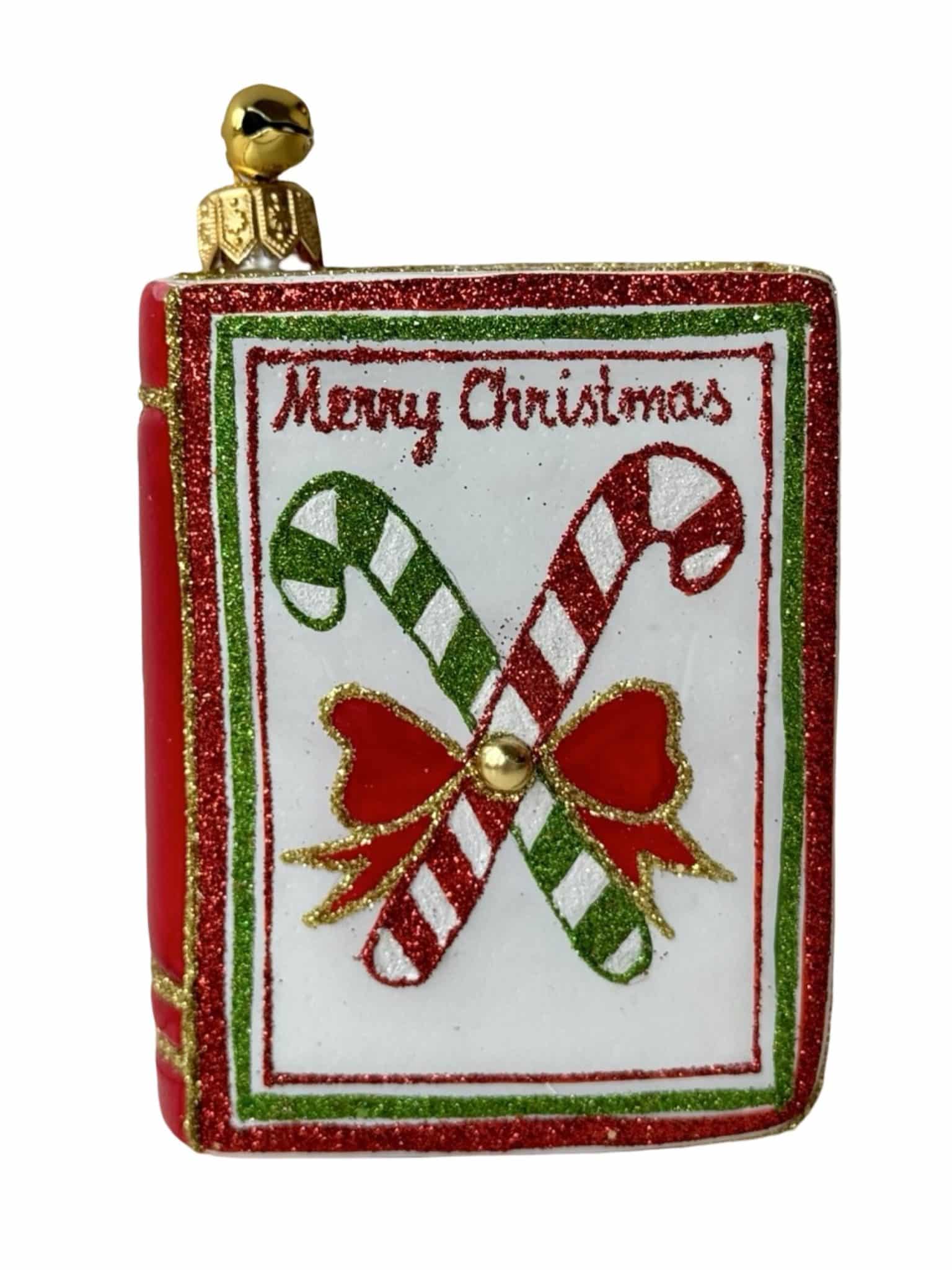 Hand-painted glass Christmas book ornament with glittered candy canes and red bow, Merry Christmas holiday tree decoration, collectible hand-blown glass ornament.