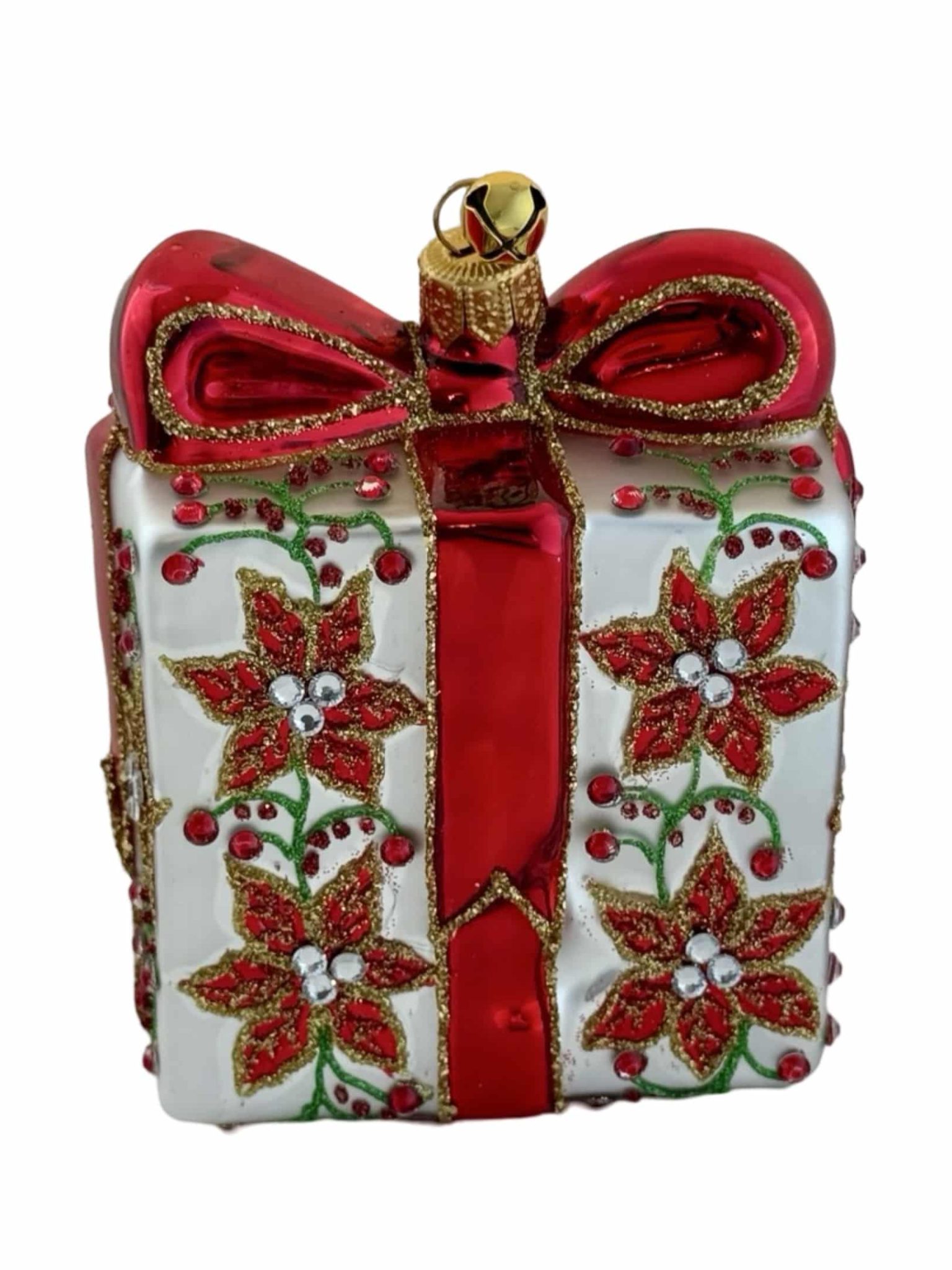 Hand Painted Polish Blown Glass Silver and Red Poinsettia Flower Holiday Present Gift Box Christmas Tree Ornament Decoration Hand Painted Polish Blown Glass Silver and Red Poinsettia Flower Holiday Present Gift Box Christmas Tree Ornament Decoration