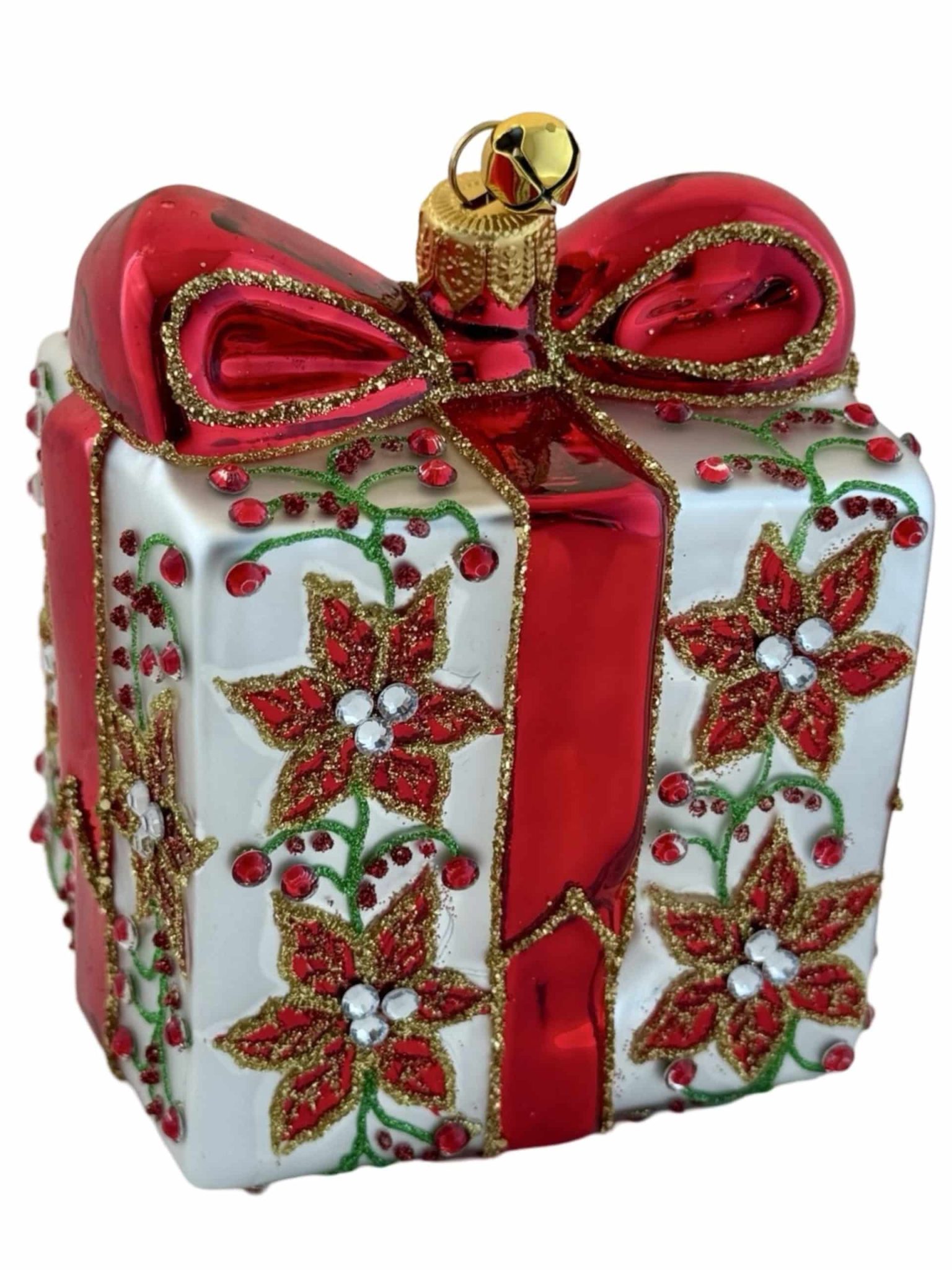Hand Painted Polish Blown Glass Silver and Red Poinsettia Flower Holiday Present Gift Box Christmas Tree Ornament Decoration Hand Painted Polish Blown Glass Silver and Red Poinsettia Flower Holiday Present Gift Box Christmas Tree Ornament Decoration
