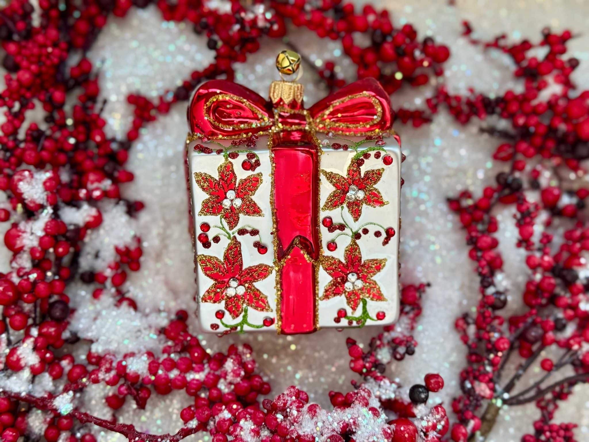 Presently Flores Hand Painted Polish Glass Poinsettia Gift Box Christmas Tree Ornament