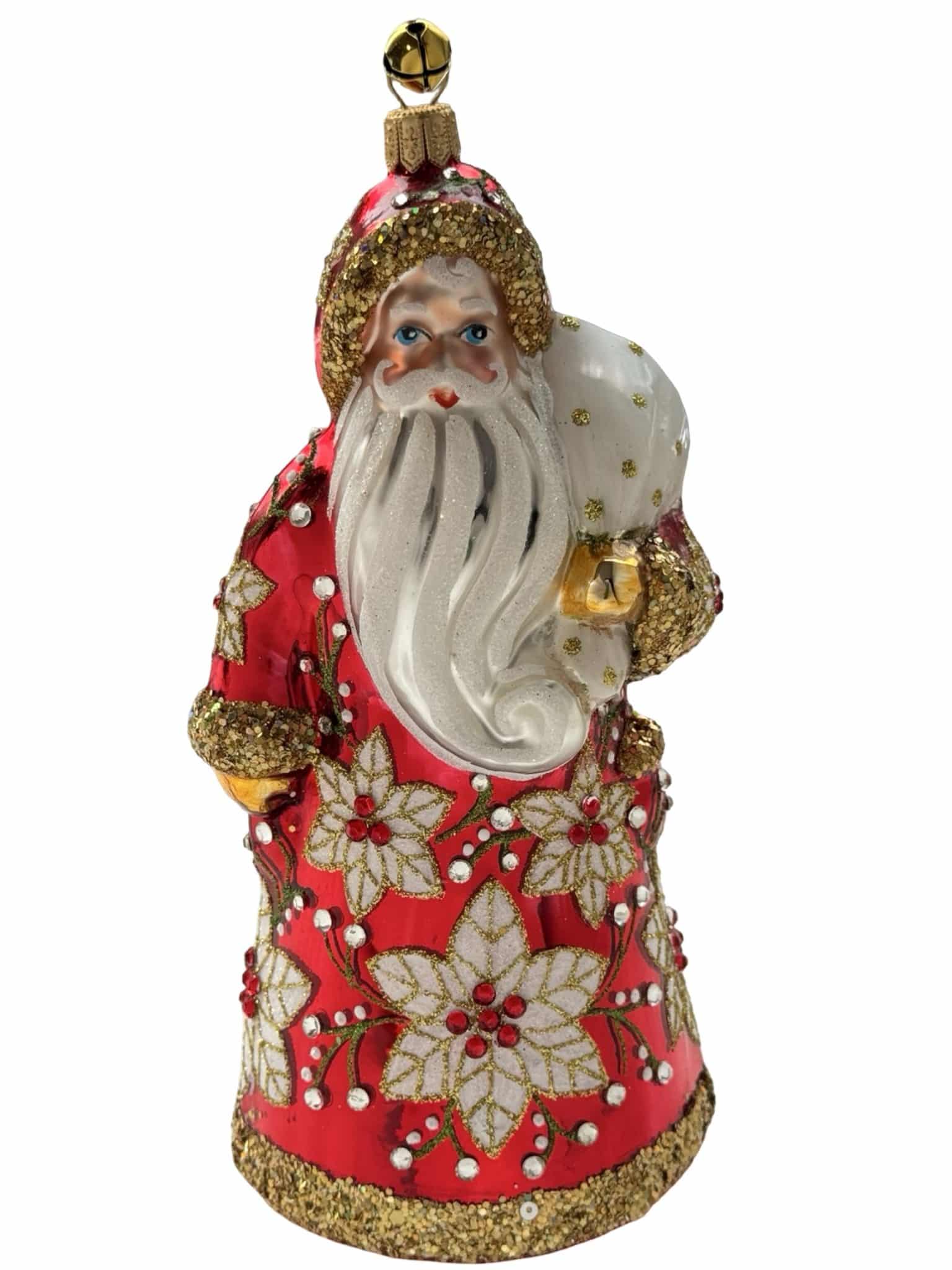 Hand-painted Polish mouth-blown glass Santa Claus ornament in red coat with white poinsettia floral design