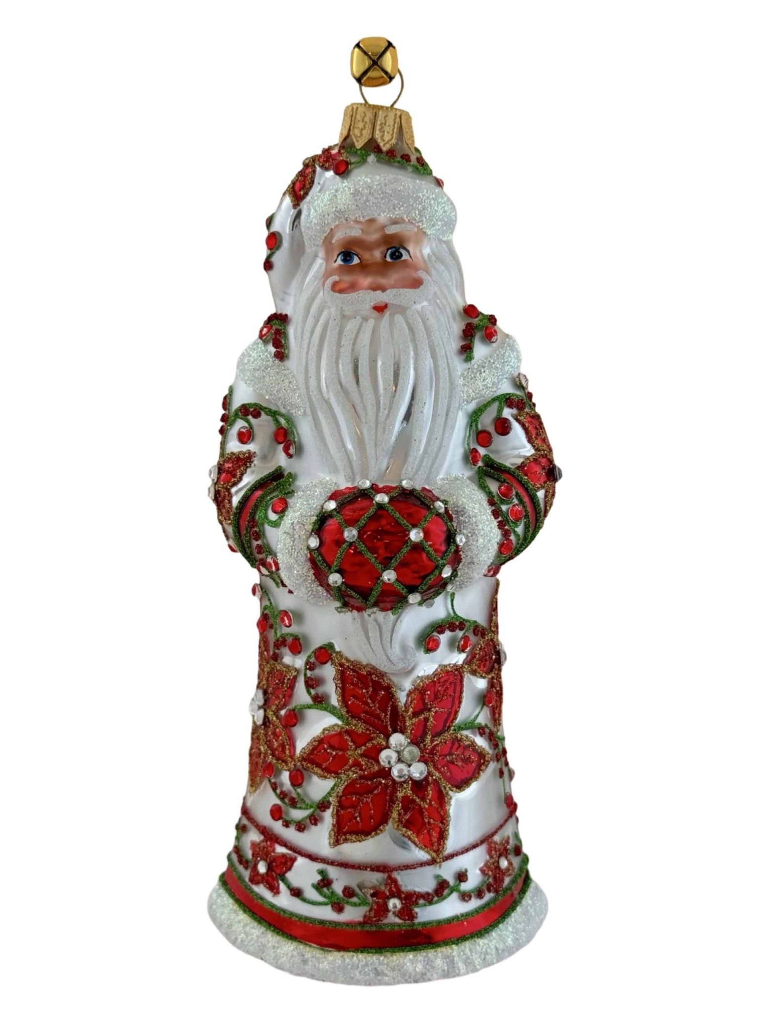 Hand Painted Collectible Keepsake Blown Glass Silver and Red Poinsettia Flower Patterned Coat Santa Claus Christmas Tree Ornament Decoration