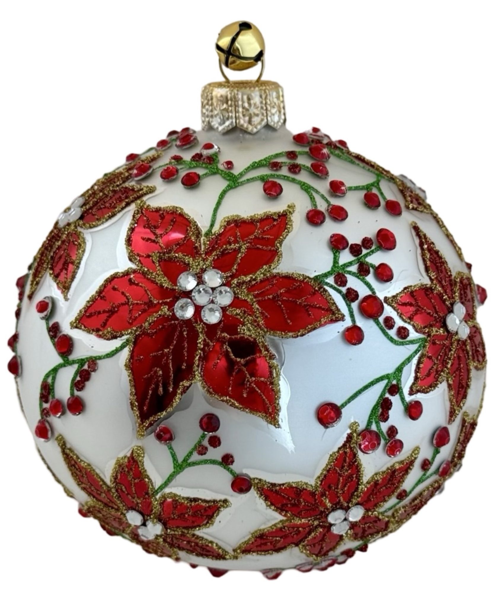 Hand Painted Polish Mouth Blown Glass Silver and Red Holiday Poinsettia Ball Christmas Tree Ornament Decoration