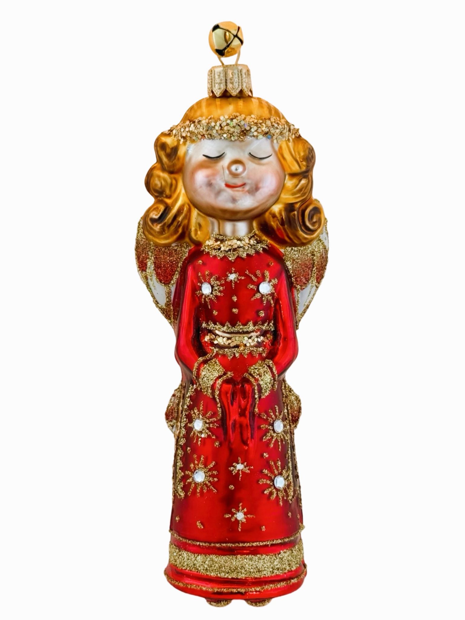Hand Painted Blown Polish Glass Sweet Jeweled Red and Gold Dress Holiday Angel Christmas Tree Ornament Decoration