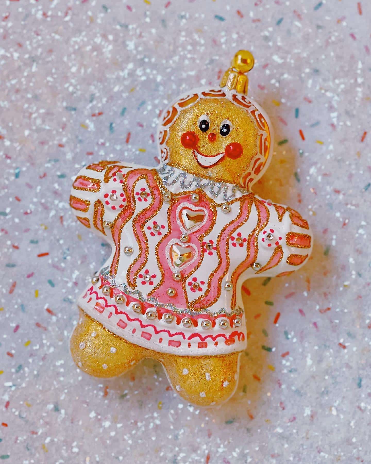 Hand Painted Glass Pink Gingerbread Girl Christmas Tree Ornament