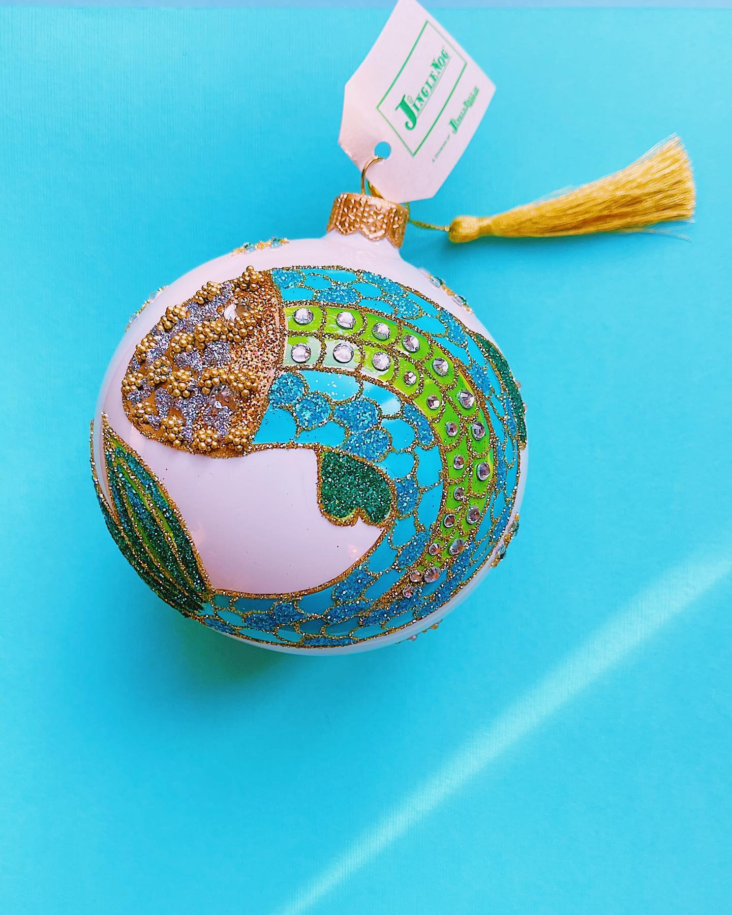 Collectible Blue, Green and Gold Glitter Pisces Fish Zodiac Astrology Symbol Hand Painted Glass Ball Ornament for Holiday Christmas Tree Decorations